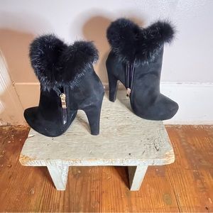Black Ankle Bootie Faux Fur Lined Suede High Heels, Casual/Elegant